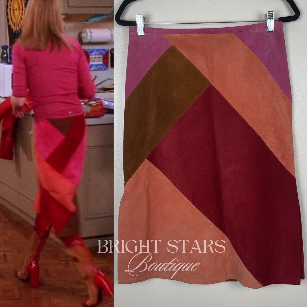 Rare Colorblock Suede Skirt ASO Phoebe Buffay Friends Pink Red Brown Patchwork